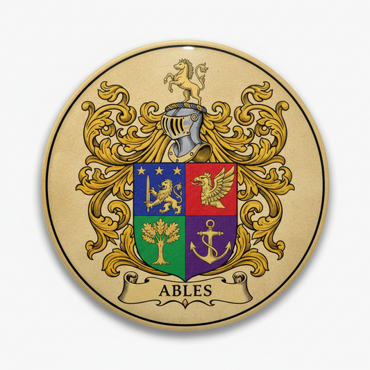 Gold-tone 3-inch family crest pin with shield and decorative crest details