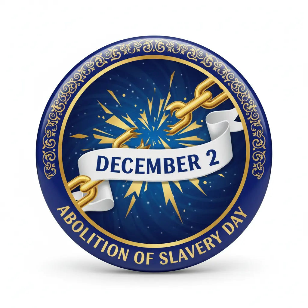 Blue circular pin: gold chain, 'DECEMBER 2' ribbon, 'ABOLITION OF SLAVERY DAY' text