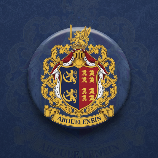 Family crest coat of arms pinback badge with shield, lion, and ABouelenein text, gold-tone