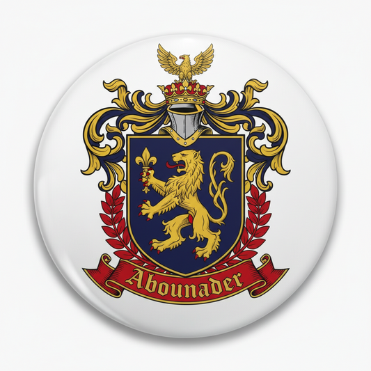Family crest coat of arms pinback, round badge with gold eagle, blue shield, red banner