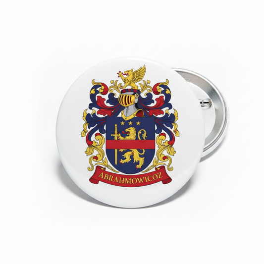 Family crest pinback button with colorful shield and lion, silver metal back
