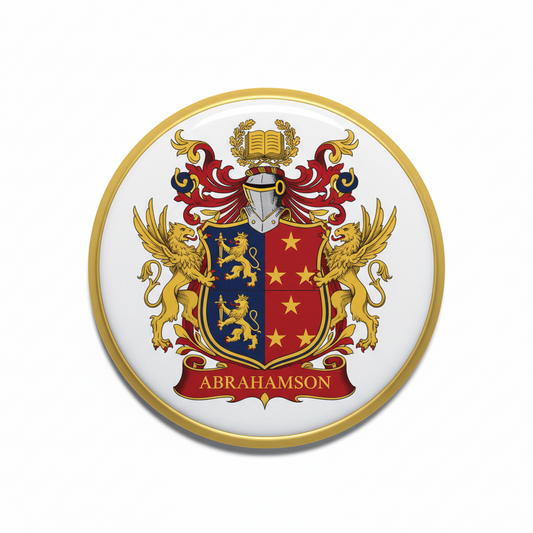Round gold-rimmed coat of arms pinback with red shield, lions, and ABRAHAMSON text