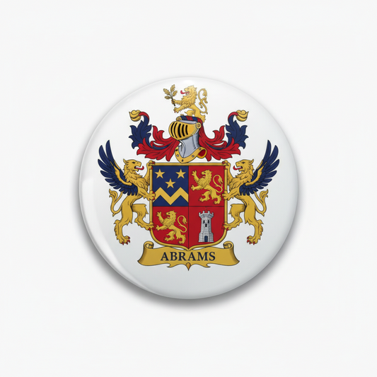 Round coat of arms pinback badge with colorful lion, shield, and banner design