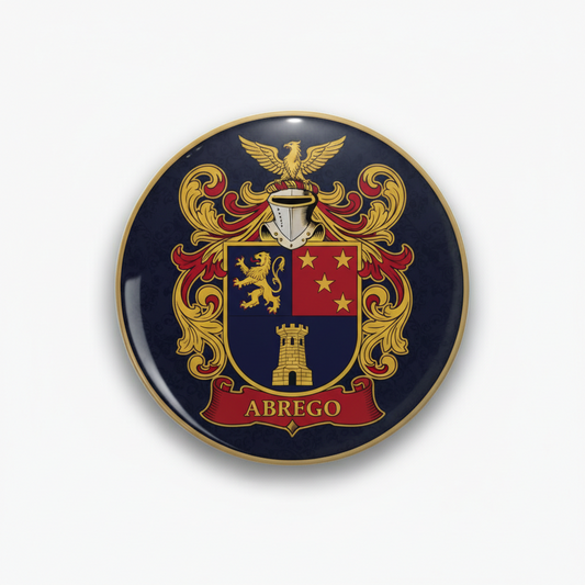 Round family crest coat of arms pinback with dark blue, gold, and red shield design
