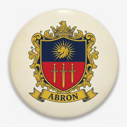 Round Abron family crest pinback button with blue shield, crown, and ABRON banner