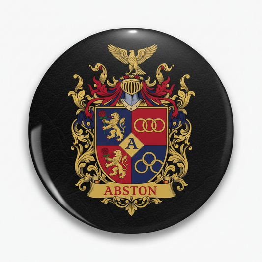 3-inch round pinback badge, black with colorful Abston family crest and ABSTON text