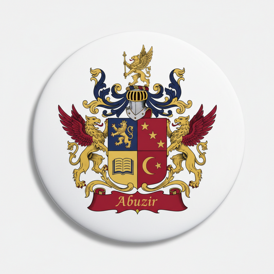 Family crest coat of arms pinback button with red, gold and blue shield design