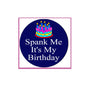 2.25-inch birthday pinback badge with blue circle, cake and 'Spank Me It's My Birthday'.