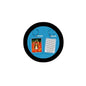 Round lucite acrylic keychain with black rim; front portrait with flames, back text card