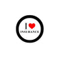 I Love Insurance heart pinback button, round black border, white center