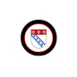 Round 3-inch coat of arms magnet with black rim, red border, and blue shield design
