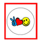 1.25-inch pinback button with peace hand, red heart, and yellow smiley face
