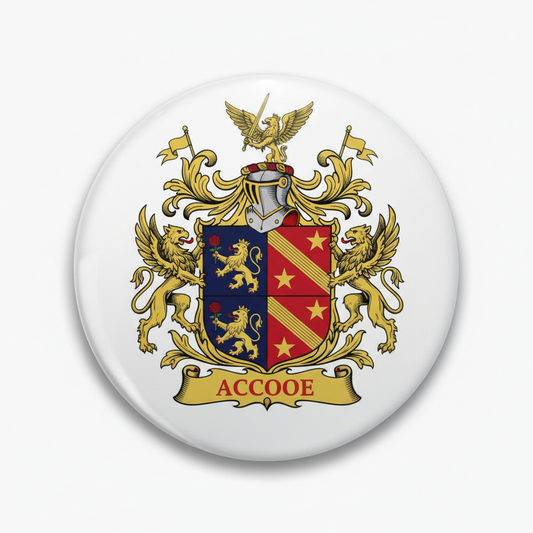 Round coat of arms pinback badge with eagle, lion and shield, text ACCOOE