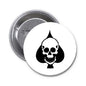 2.25-inch round pinback button with black-and-white skull-and-spade graphic