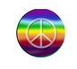 Rainbow peace symbol pinback button badge with round iridescent design