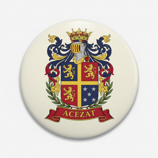 Family crest coat of arms pinback badge with gold crown and red blue shield