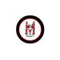 Round family crest pinback with black border, red ring, and shield emblem