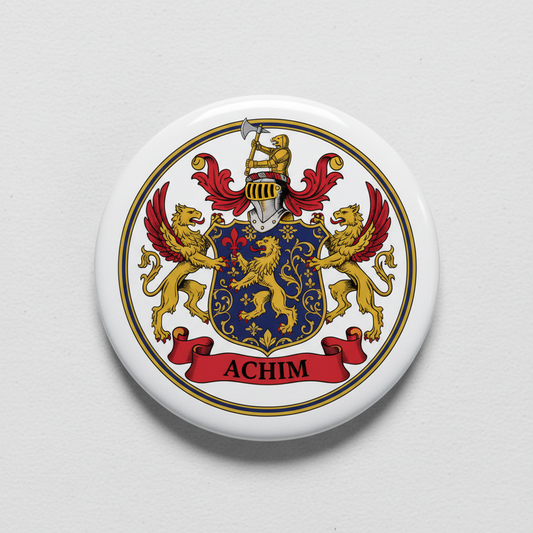 Round coat of arms pinback button with blue shield, lions, crown, and ACHIM banner