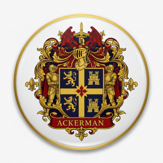 Round coat of arms pin with gold rim, colorful shield and banner reading ACKERMAN.
