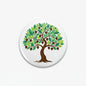 Tree pinback button with green leaves and brown trunk illustration