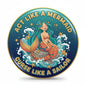 2.25-inch mermaid curse sailor pinback with teal mermaid, stars, and ocean waves