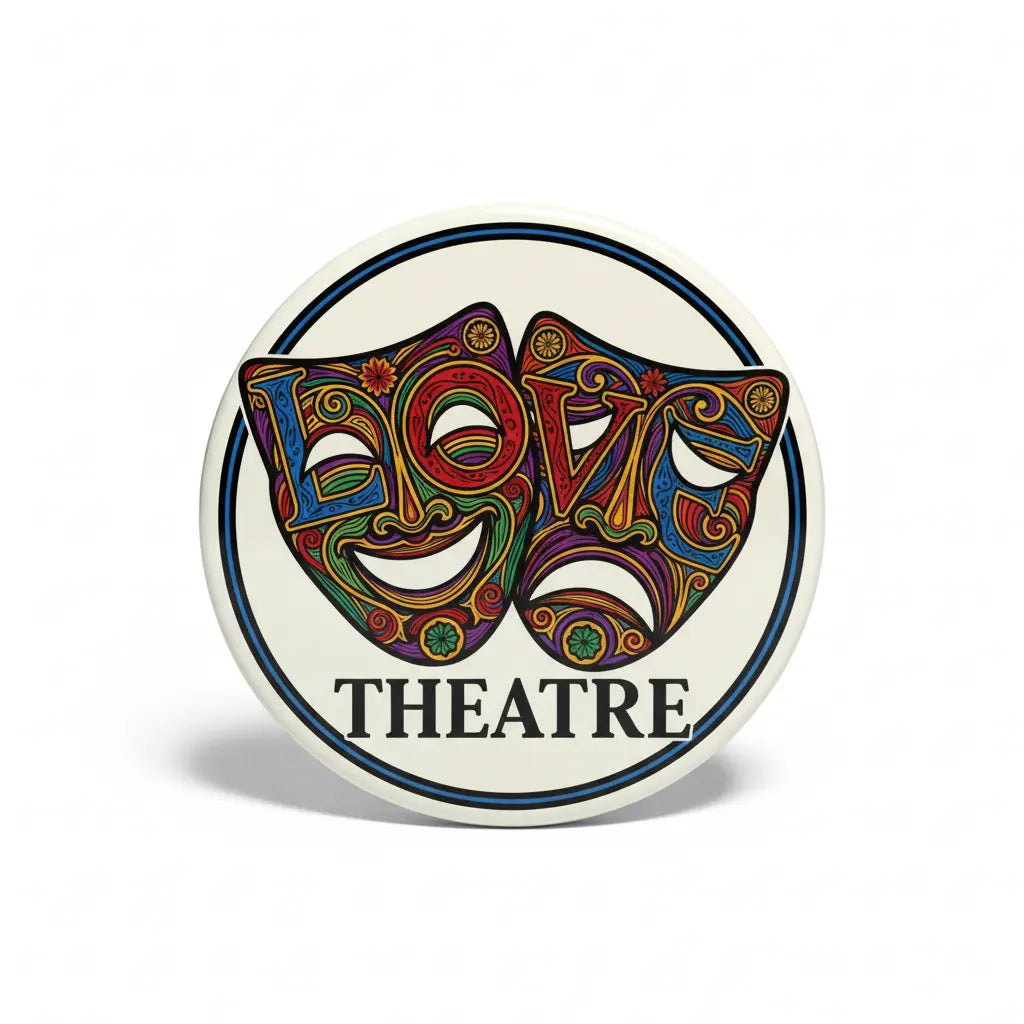 Theatre masks pinback button with colorful mask artwork and THEATRE text, circular