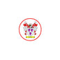 Round family crest pinback with red border and Talbot banner, detailed shield and lions