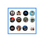Set of 12 circular pinback buttons with movie-themed characters and artwork
