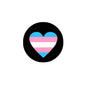 Transgender flag heart badge pin with black circular border
