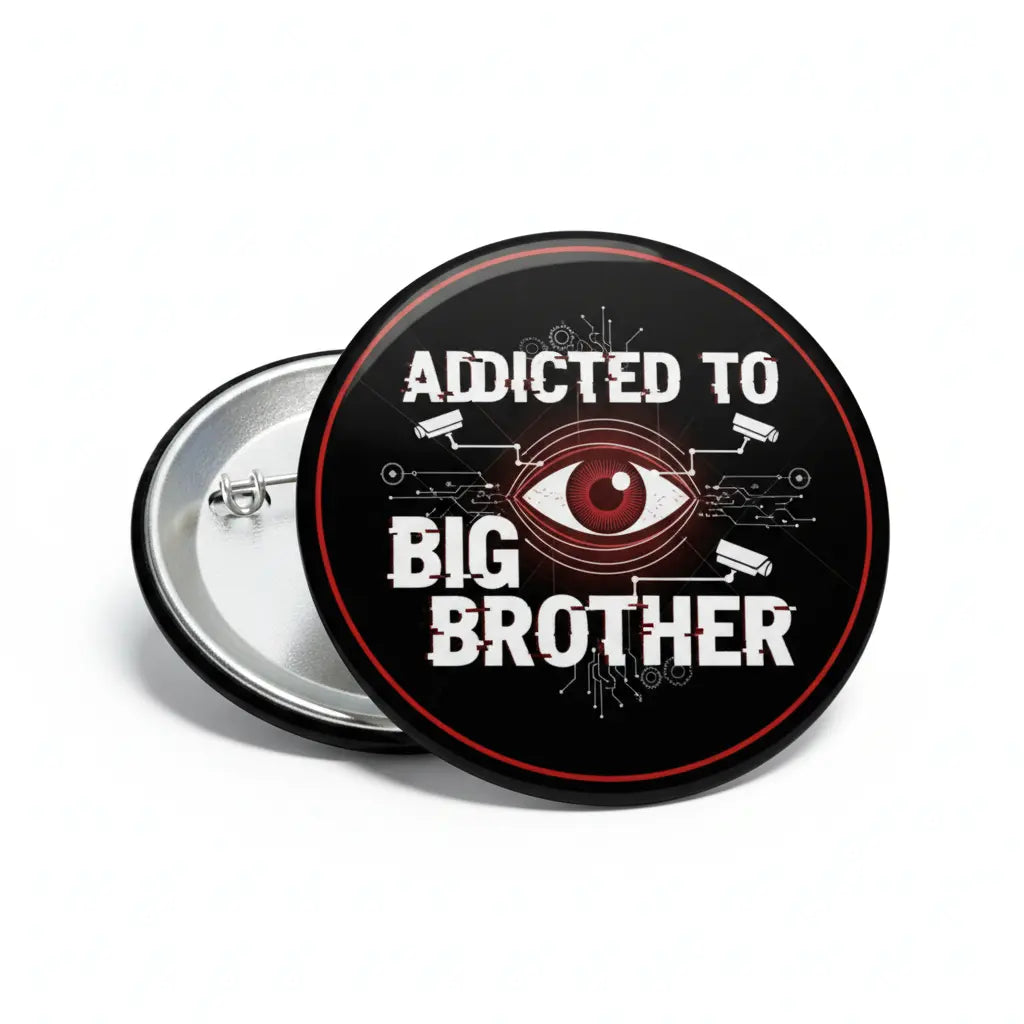 2.25-inch round button pinback with black face, red border, bold text and eye graphic