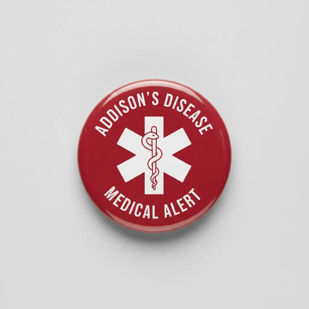 Addison's disease medical alert pinback, red round badge with caduceus and Medical Alert text