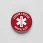 Addison's disease medical alert pinback, red round badge with caduceus and Medical Alert text