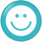 Smiley face pinback button, teal with white smiling mouth and eyes