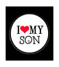 I love my son pinback badge, round white face with black text and red heart