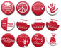Red round peace logo pin badges with white text and hand symbols