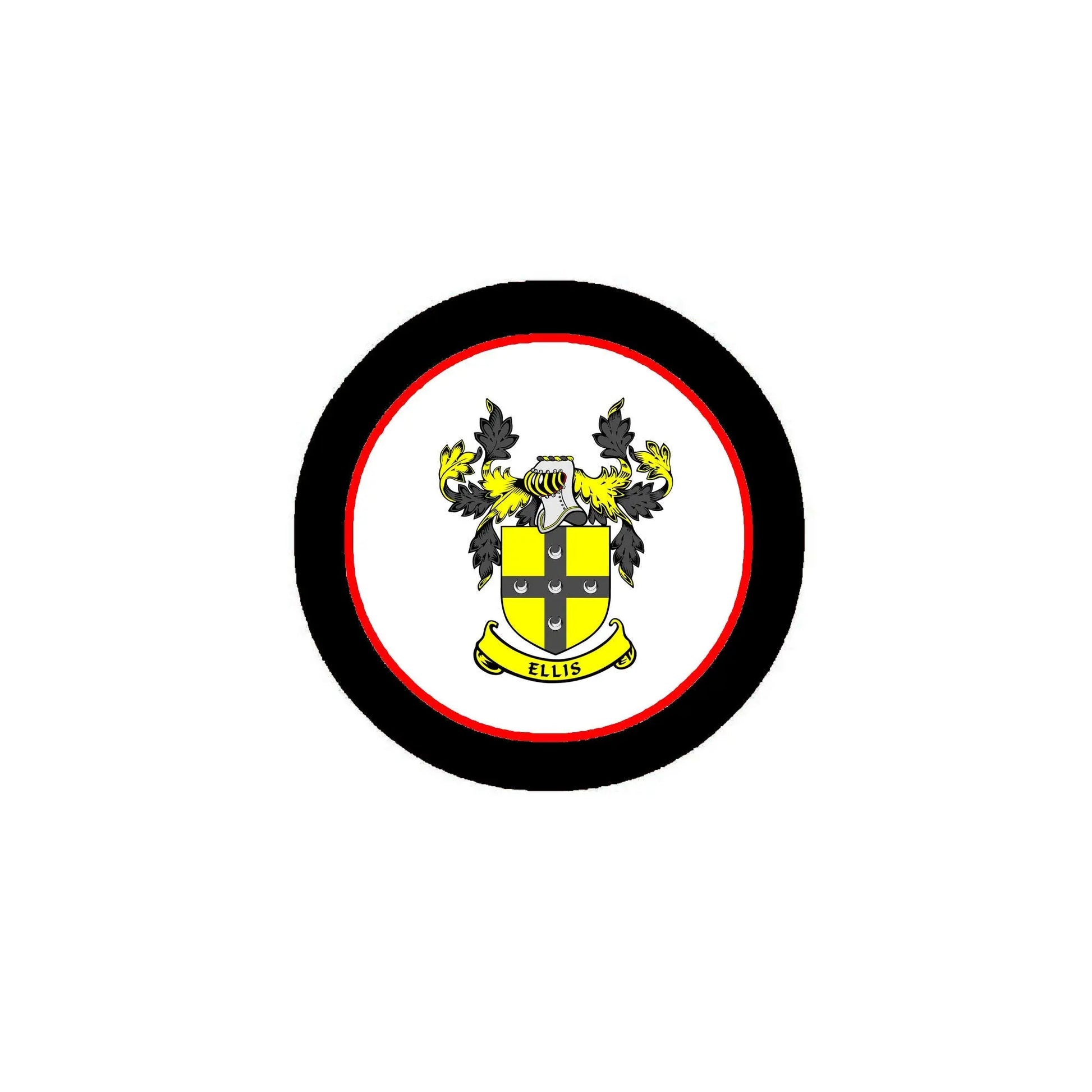 Ellis family crest pinback, circular black rim with red border and yellow shield design