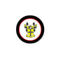 Ellis family crest pinback, circular black rim with red border and yellow shield design