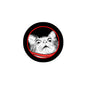 Round pinback badge with surprised gray-and-white cat face and red outline