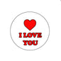 Round pinback badge with red heart and 'I LOVE YOU' text