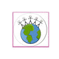 2.25-inch pinback badge with globe and crown-like peace symbol graphic