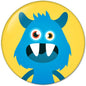 Round 2.25-inch pinback button with blue monster face on yellow background