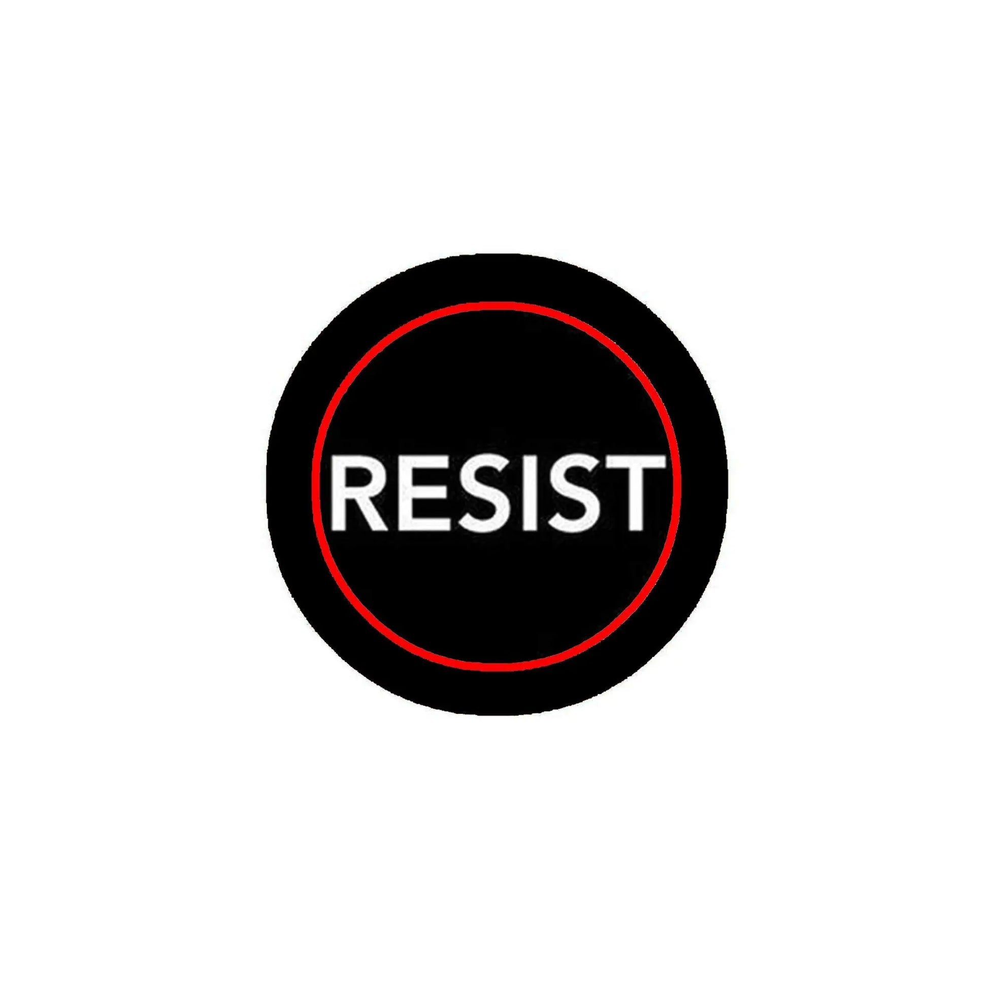 RESIST circular button pin with black face, red ring, and white lettering