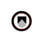 Round pinback badge with black and red border and white coat-of-arms emblem