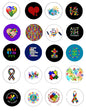 Set of round autism awareness buttons with colorful puzzle, heart, and ribbon designs