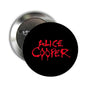 Pinback button with black face and red Alice Cooper graphic