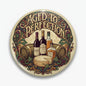 Round pinback button with colorful illustration of wine bottles and wooden barrels