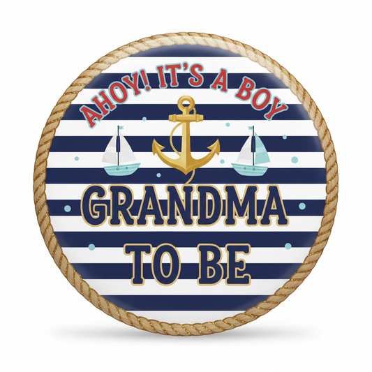 Nautical baby shower pinback button: anchor, sailboats, and 'Grandma to be'