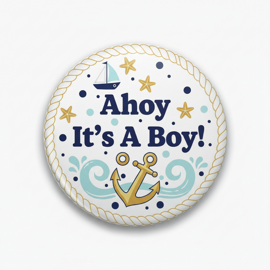 Nautical boat baby shower Pin Button with rope border, anchor, and “Ahoy It's A Boy!” text