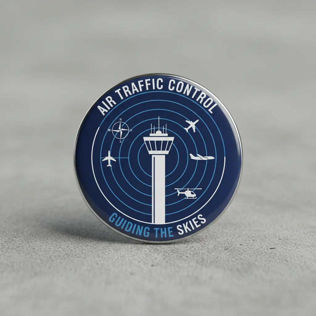 2.25-inch round pinback badge, blue with white tower, planes, and rings
