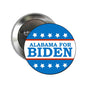 Political pinback button, circular blue/red design with stars and 'ALABAMA FOR BIDEN' text